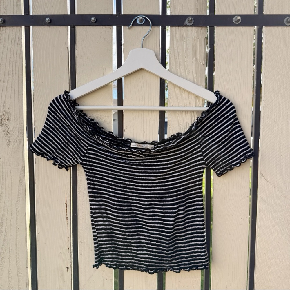 Heart & Hips Black and White Striped Off-Shoulder Top